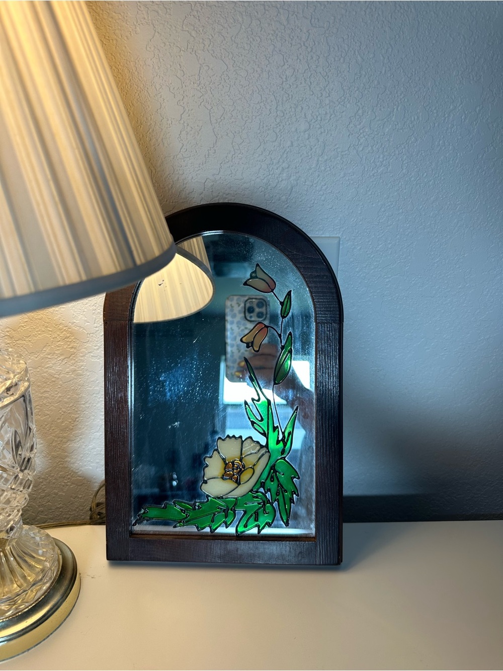 Vintage Hand-Painted Floral Stained Glass Wall Mirror - Green and Cream 13X9